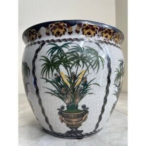 cackled glazed palm tree planter vintage beach planter